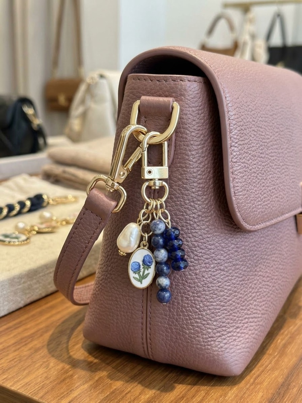 Blue Flower Handmade Beaded Bag Charm Keychain with Faux Pearl